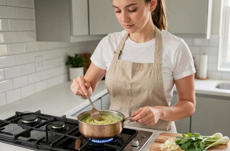 Femme préparant une fondue de poireaux lisse et crémeuse dans une casserole sur une cuisinière moderne