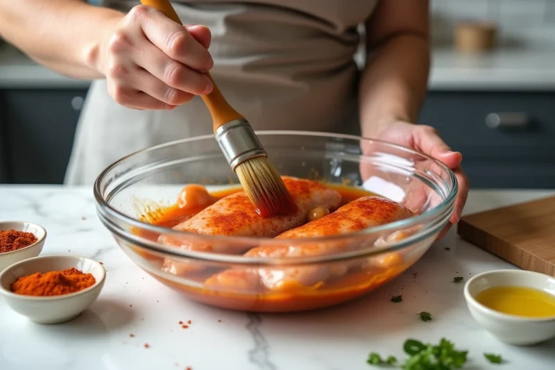 Préparation d'escalopes de poulet badigeonnées d'une marinade fumée au paprika dans un bol en verre, ingrédients disposés sur plan de travail en marbre
