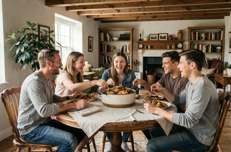 Famille nombreuse partageant un repas convivial autour d'une table ronde en bois dans une salle à manger rustique