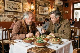 Table de mezze libanais dans la salle du restaurant Le Cèdre rue Mouffetard à Paris, couple attablé partageant des plats traditionnels