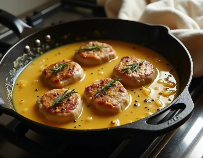 Rognons de veau poêlés dans une sauce onctueuse à la moutarde et aux échalotes dans une poêle en fonte