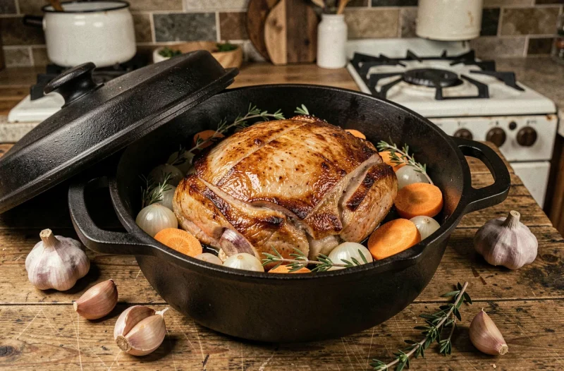 Rôti de porc doré dans une cocotte en fonte entouré de légumes, thym et ail sur une table en bois rustique