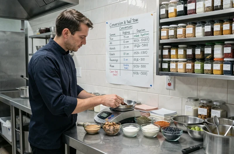 Chef consultant un tableau de conversion grammes et litres manuscrit dans une cuisine professionnelle avec balance numérique et ingrédients