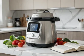 Thermomix TM6 posé sur un plan de travail en marbre blanc dans une cuisine moderne avec légumes frais et livre de recettes