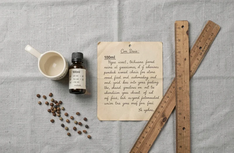 Vue aérienne d'un flacon de 100 ml, d'un verre doseur en centilitres et d'une fiche recette sur une table en lin gris