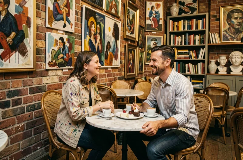 Couple partageant un dessert dans l'ambiance artistique bohème de l'Art Café à Strasbourg entouré de tableaux et œuvres d'art