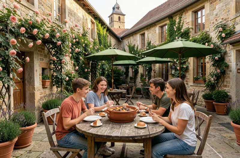Famille partageant un baeckeoffe en terrasse à l'Auberge du Parc Carola à Ribeauvillé avec les remparts médiévaux en arrière-plan