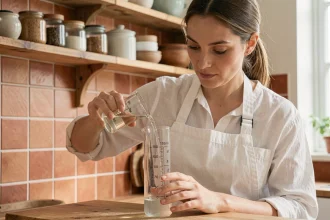 Femme versant 100 ml de liquide dans un verre doseur gradué en centilitres sur un plan de travail en bois