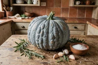 Courge bleu de Hongrie entière posée sur une table en bois rustique avec herbes fraîches et ail, prête à être cuisinée