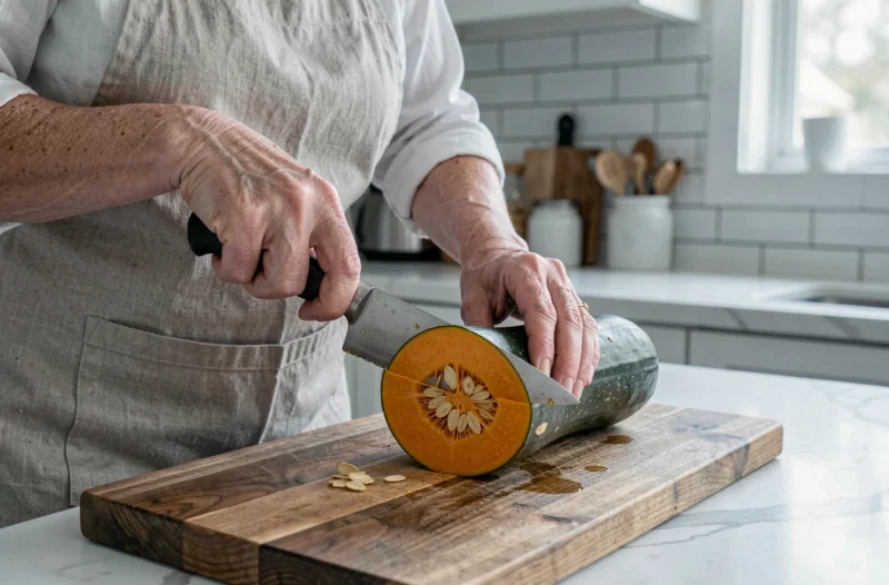 Femme découpant une courge bleu de Hongrie sur une planche en bois, révélant la chair orange vif à l'intérieur