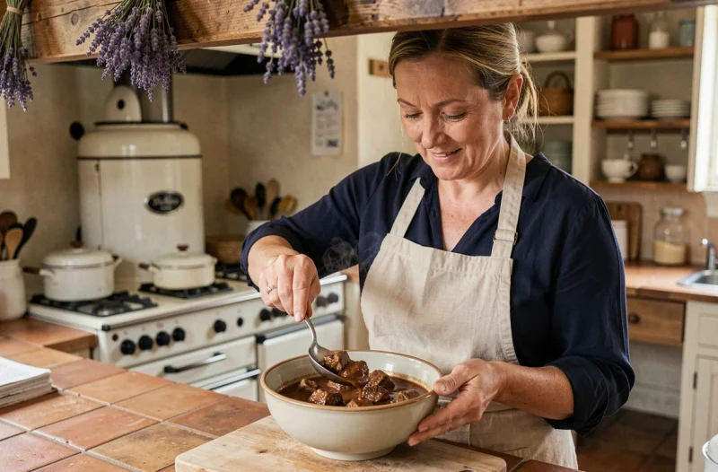 Femme servant un ragoût d'agneau dans un bol en céramique dans une cuisine familiale française traditionnelle