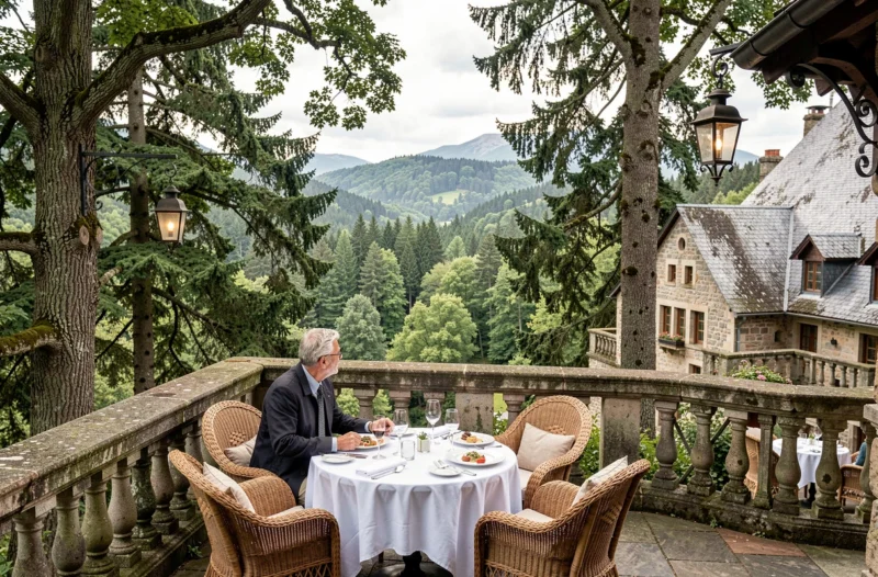 Terrasse panoramique de l'Hostellerie des Châteaux à Ottrott avec vue sur la forêt vosgienne et couple en train de dîner