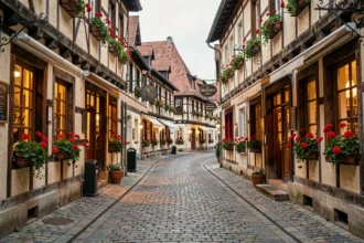 Vue d'une rue alsacienne pittoresque avec des restaurants à colombages, des jardinières fleuries et des enseignes en fer forgé dans le Haut-Rhin