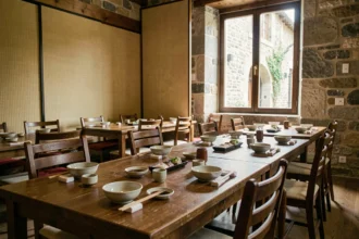Salle de restaurant japonais en Bourgogne-Franche-Comté avec tables en bois, baguettes et décor inspiré de l'architecture locale