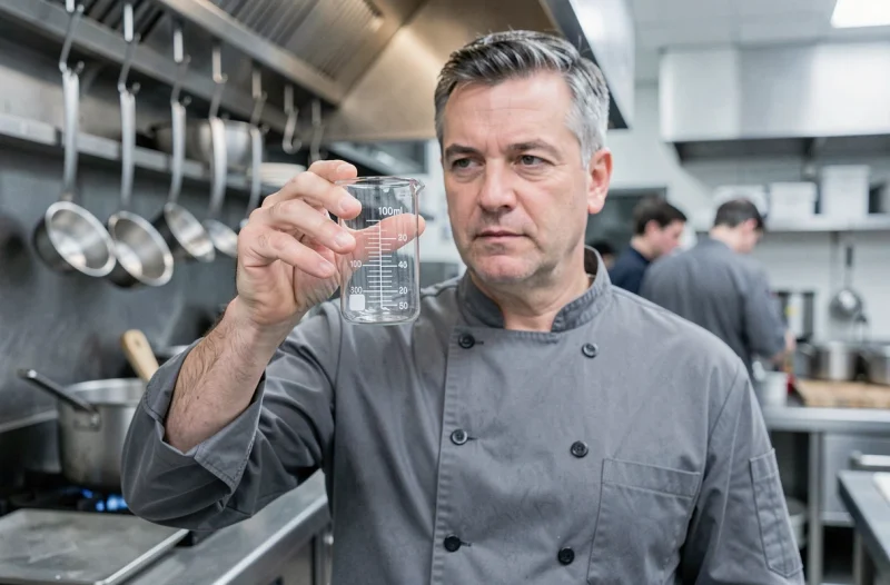 Chef cuisinier lisant les graduations en centilitres d'un bécher de 100 ml dans une cuisine professionnelle