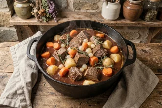 Ragoût d'agneau mijotté dans une cocotte en fonte sur une table en bois rustique, avec carottes, pommes de terre et thym frais