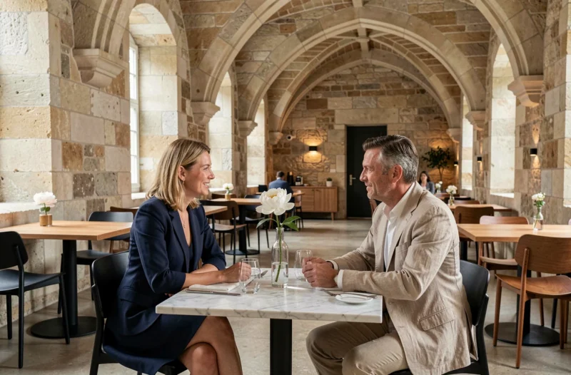 Couple dînant dans l'élégant cadre contemporain du restaurant L'Apostrophe à Reims avec décor en pierre et bois
