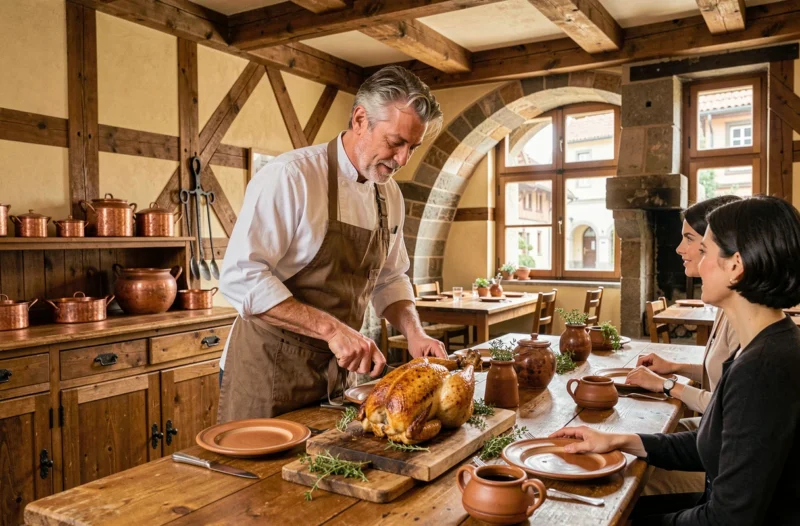 Chef découpant un poulet rôti à table dans l'intérieur médiéval à colombages du Restaurant Au Vieux Porche à Eguisheim
