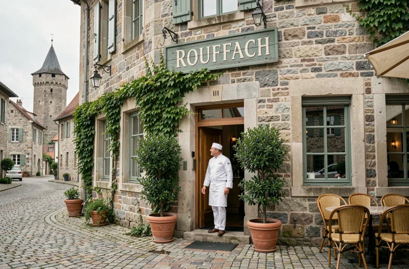 Façade en pierre du Restaurant Bohrer à Rouffach avec son chef en tablier blanc sur le pas de la porte et son décor alsacien classique