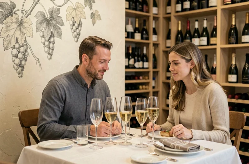 Table romantique au restaurant Craie à Épernay avec flûtes de champagne et décor cave viticole