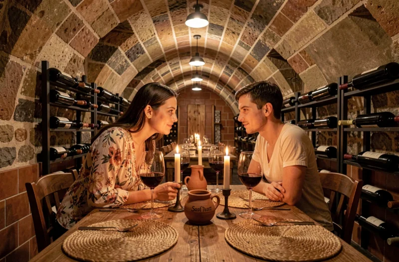 Cave voûtée romantique du restaurant In Vino Veritas en Alsace avec table dressée et verres de vin rouge