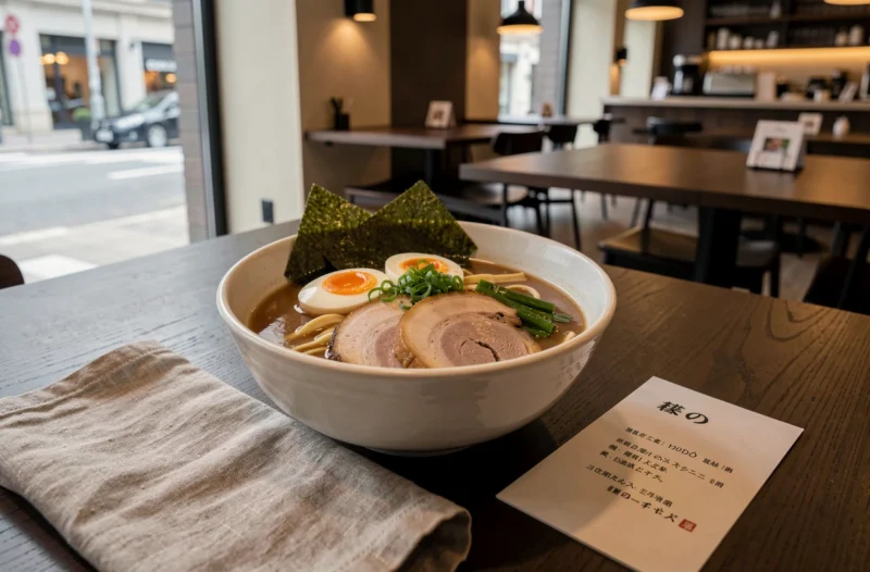 Bol de ramen garni de porc chashu et d'œuf mollet servi au restaurant 100DÔ à Dijon dans un cadre moderne