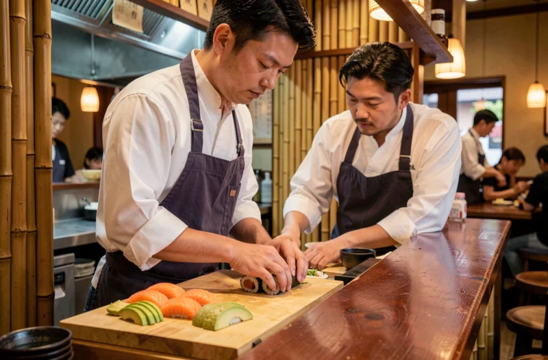 Chef japonais préparant des maki sushi derrière le comptoir ouvert du restaurant Akatsuki à Dijon