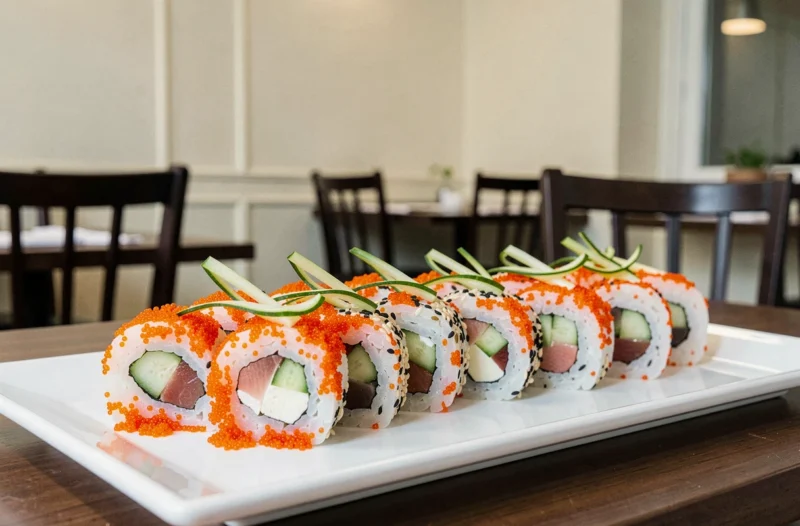Plateau de sushis uramaki colorés garnis de tobiko et graines de sésame présenté au restaurant Aki à Dijon