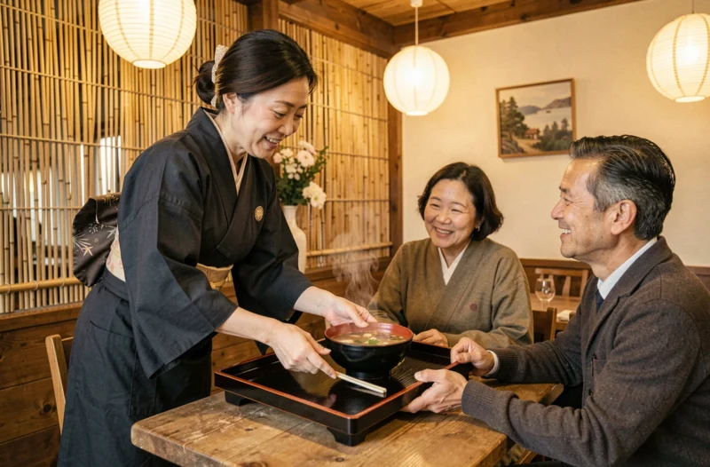 Serveuse en tablier style kimono apportant une soupe miso à des clients dans la salle du restaurant Chez Koki à Chalon-sur-Saône