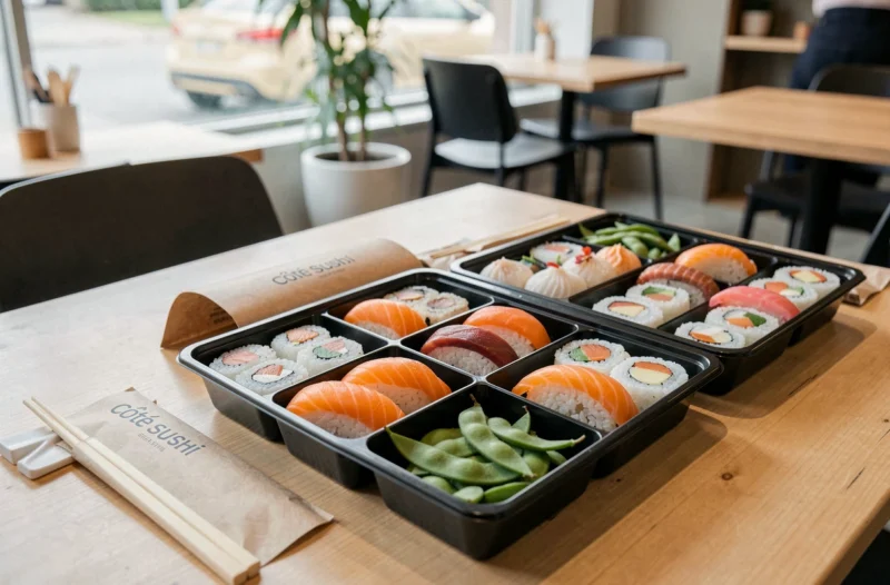 Boîtes bento de sushis et makis à emporter soigneusement présentées au Côté Sushi à Dijon