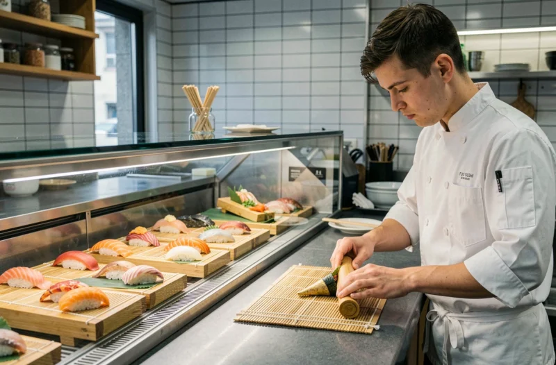 Chef préparant des temaki derrière un comptoir de sushis frais au Fuji Sushi à Besançon
