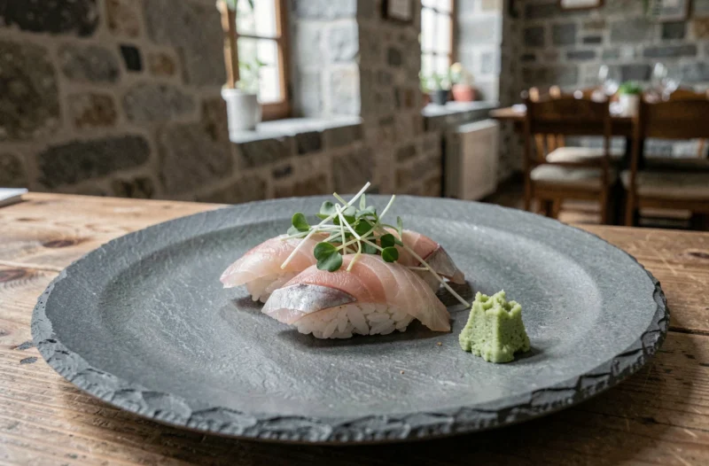 Assiette de nigiri sushi soigneusement présentée au restaurant Iida-Ya à Dole sur fond de salle en pierres apparentes