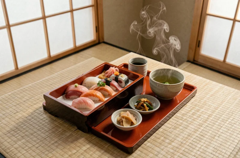 Plateau repas japonais avec sushis, thé vert et soupe en céramique servi au Sushi Wan à Besançon