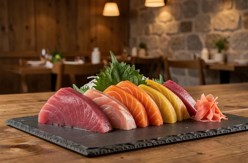 Assortiment de sashimis de thon, saumon et yellowtail présenté sur ardoise au Sushikai à Beaune
