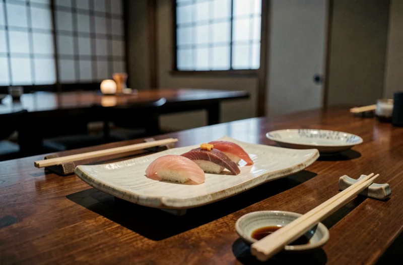 Présentation omakase de nigiri premium sur céramique artisanale dans le cadre raffiné du restaurant Tokami à Dijon