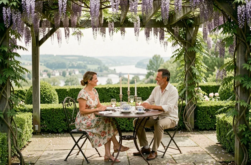 Terrasse romantique du Jardin de Bellevue à Metz avec pergola fleurie de glycine et vue sur la Moselle