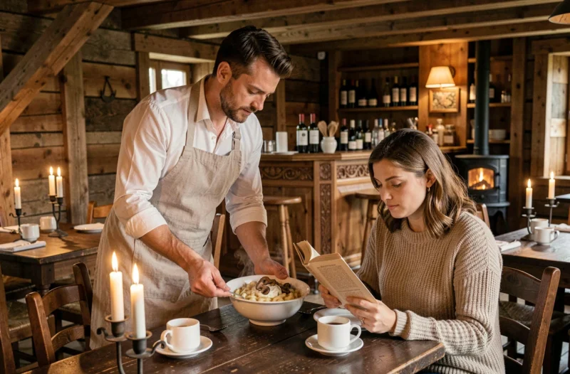 Serveur apportant une assiette de spaetzle alsaciens à une cliente dans l'atmosphère rustique du restaurant Julien à Fouday