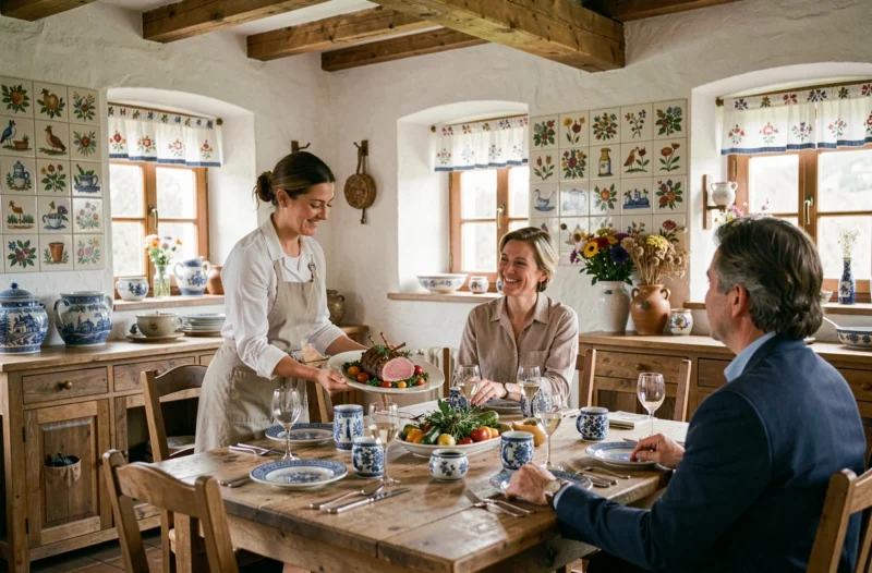 Chef présentant un carré d'agneau aux herbes dans la salle chaleureuse du restaurant L'Agneau à Pfaffenhoffen