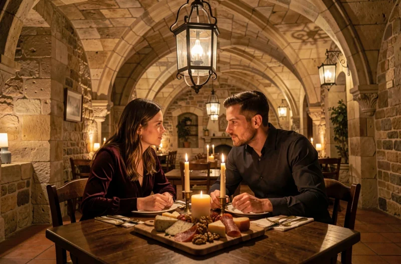 Dîner aux chandelles sous une lanterne ancienne au restaurant La Lanterne à Metz dans un cadre médiéval en pierre