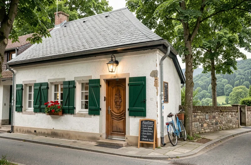 Façade de La Poste à Urmatt avec volets verts, jardinières de géraniums et menu ardoise devant une ancienne maison de village alsacienne