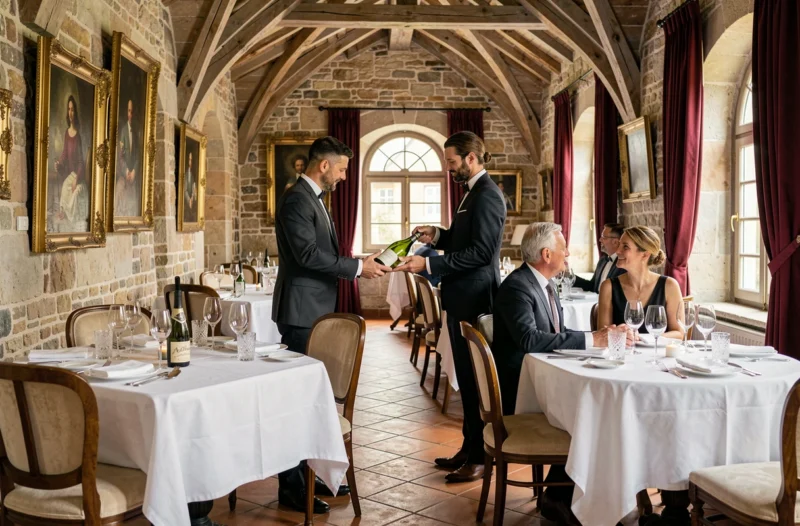 Salle à manger raffinée du restaurant Le Fer Rouge à Colmar avec murs en pierre médiévaux, tables en lin blanc et sommelier servant un vin alsacien