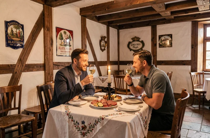 Salle d'auberge traditionnelle de La Vieille Enseigne en Alsace avec poutres en chêne et table dressée pour deux