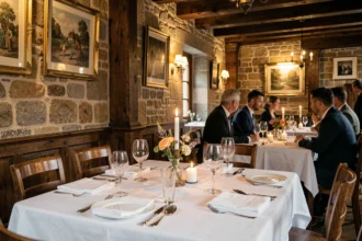 Salle à manger romantique d'un restaurant du Grand Est avec tables en lin blanc, verres en cristal et bougies scintillantes