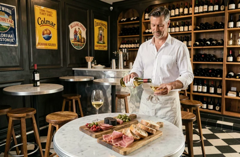 Barman versant un Pinot Gris à la Winstub Brenner à Colmar avec planche de charcuterie alsacienne au premier plan et décor de bistrot traditionnel