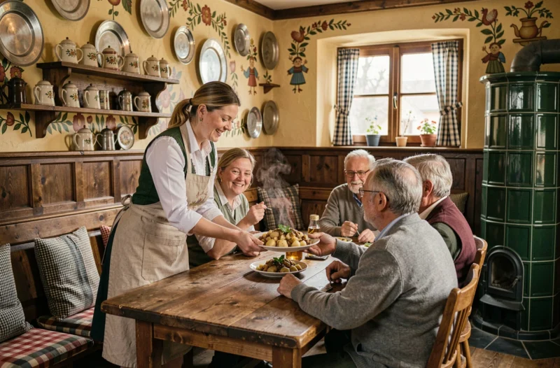 Intérieur chaleureux de la Winstub Le Coq Vert à Mulhouse avec décor alsacien traditionnel et service d'une choucroute garnie