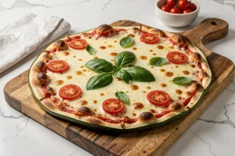 Pizza de courgette low carb sur planche en bois avec tomates cerises, mozzarella fondue et basilic frais, vue en plongée légère