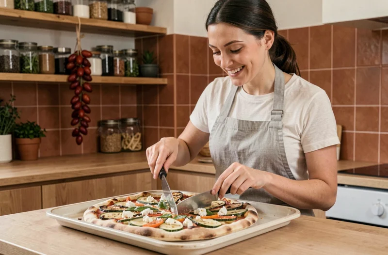 Femme en tablier gris découpant une pizza courgette low carb sur plaque en céramique dans une cuisine méditerranéenne chaleureuse
