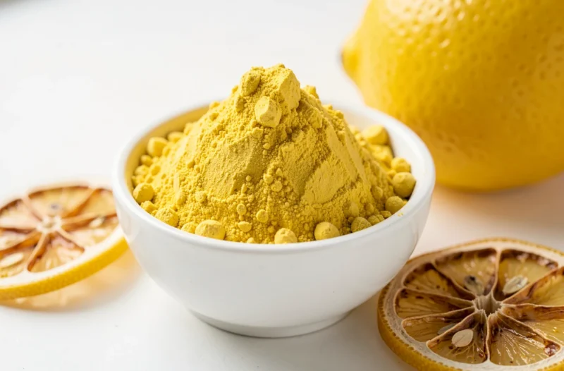 Poudre de citron dans un petit bol avec des tranches séchées